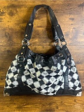 MCM Black & White Signature Drawstring Shoulder Bag